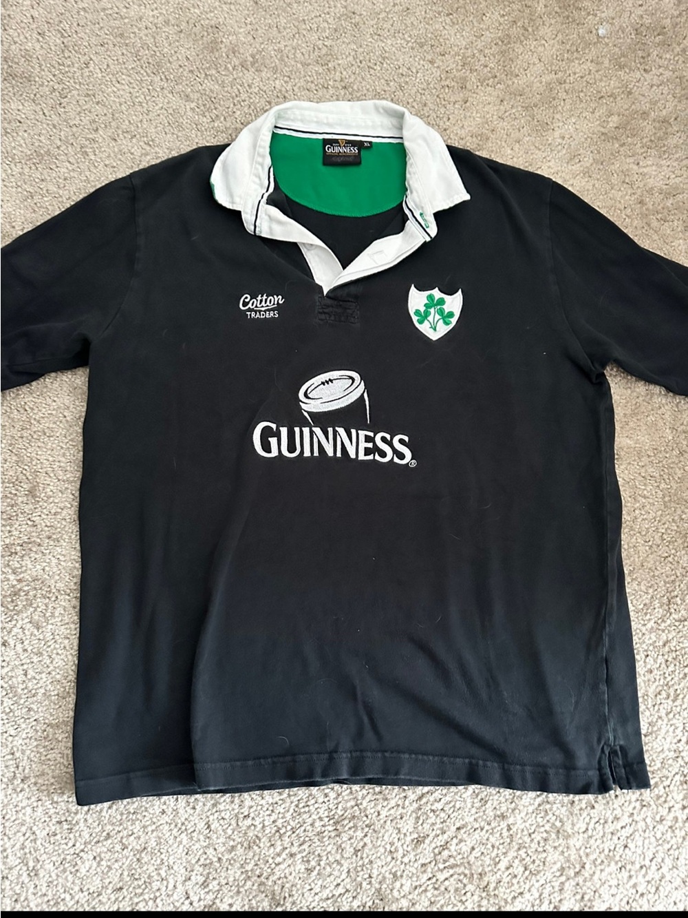 Guinness Black Rugby Polo with White Collar and Green Accents Men’s size XL